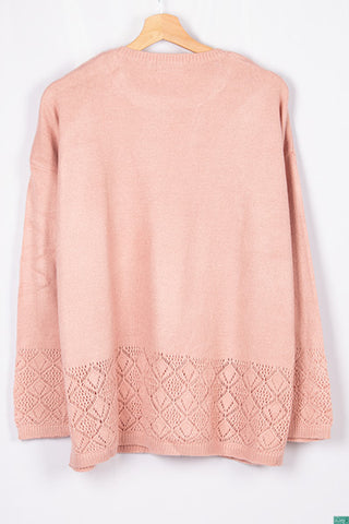 Ladies net design in sleeve & bottom casual fit round neck with shoulder button soft light knitwear in Pastel Pink.