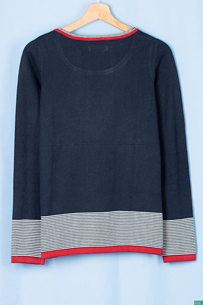 Ladies full sleeve round neck casual fit soft knitwear in Navy Blue with a beautiful sleeve & bottom design.
