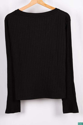 Ladies full sleeve casual fit V neck with buttons tops in Black. 