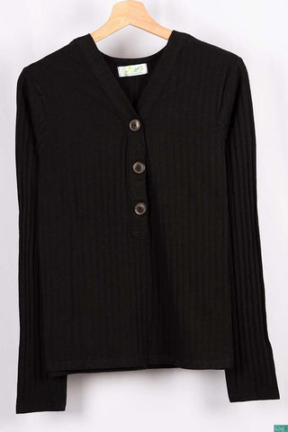 Ladies full sleeve casual fit V neck tops with big buttons in Black.