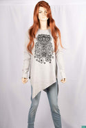Ladies full sleeve casual fit Owl long top in Ash with an asymmetric hem on opposite direction.