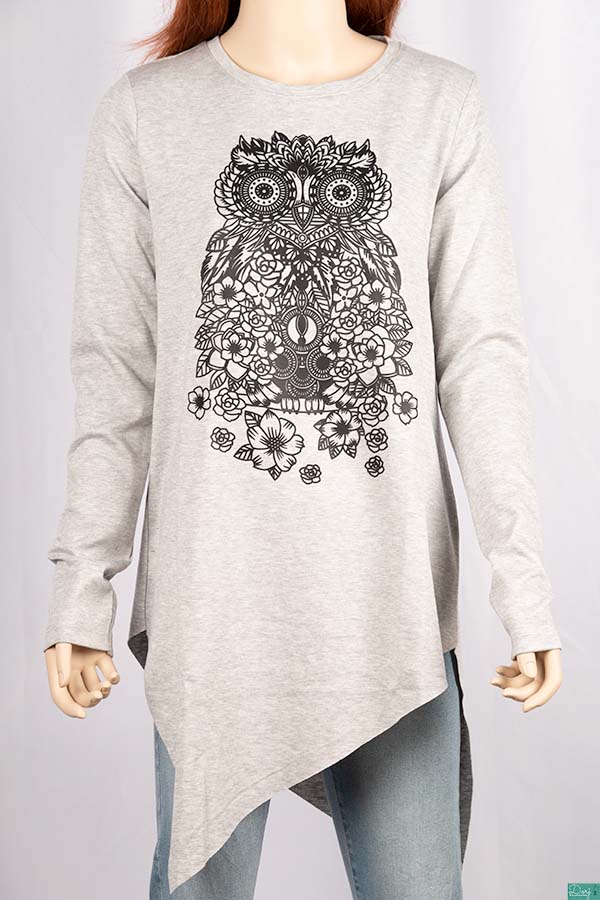 Ladies full sleeve casual fit Owl long top in Ash with an asymmetric hem on opposite direction.