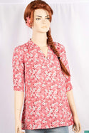 Ladies 3/4 slight smock sleeve casual fit round collar with v placket neck floral tops