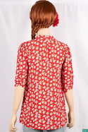 Ladies 3/4 slight smock sleeve casual fit round collar with v placket neck floral tops