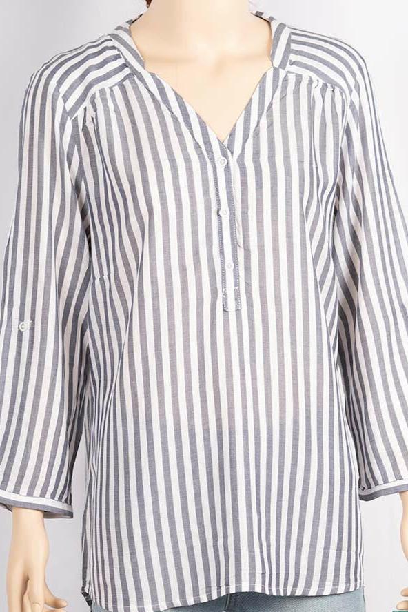 Ladies V - neck design stylish 3/4 sleeve loose fit Stripes Shirts