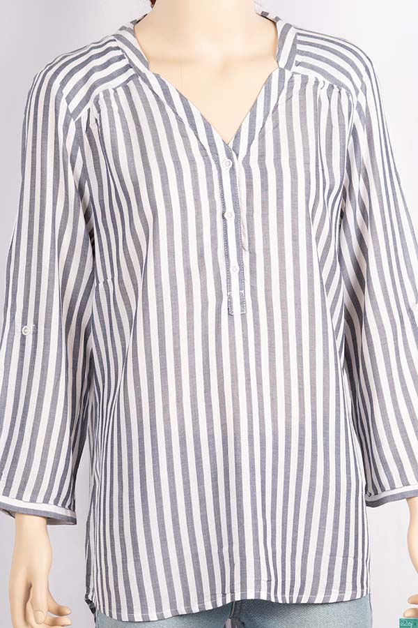 Ladies V - neck design stylish 3/4 sleeve loose fit Stripes Shirts