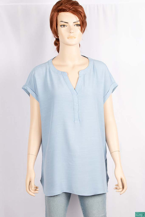 Ladies short sleeve casual fit round collar with v placket neck tops.
