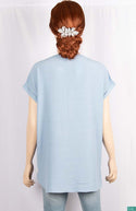 Ladies short sleeve casual fit round collar with v placket neck tops.