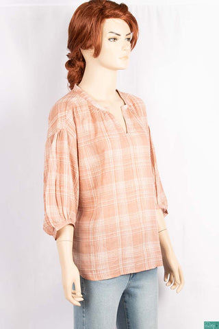 Ladies 3/4 baggy sleeve loose fit round collar with v placket neck tops in Dusty Pink with white plaids.