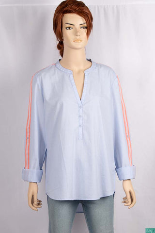 Ladies full sleeve casual fit round collar with v placket neck shirt in light blue with peachy stripe sleeve. 