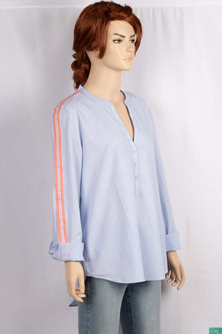 Ladies full sleeve casual fit round collar with v placket neck shirt in light blue with peachy stripe sleeve. 