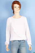 Ladies fancy full sleeve casual fit round neck asymmetric side ruffle tops.
