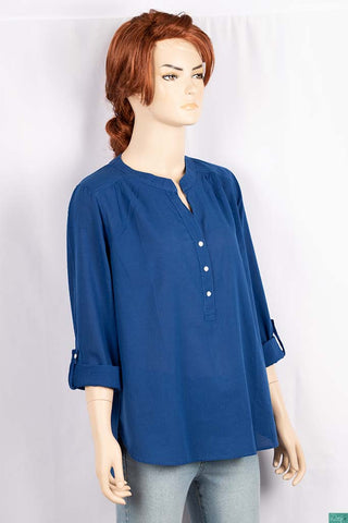 Ladies cuffed V neck buttoned loose fit regular use tops.