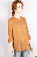 Ladies cuffed V neck buttoned loose fit regular use tops.