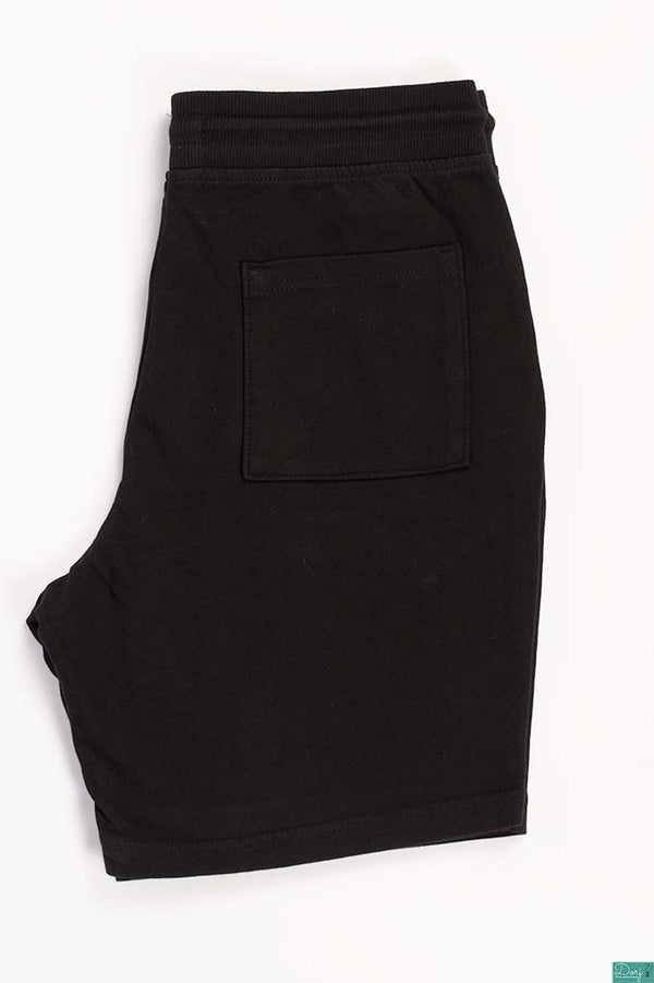Men’s Comfortable Casual Shorts with pockets and elastic drawstring waist in Black.