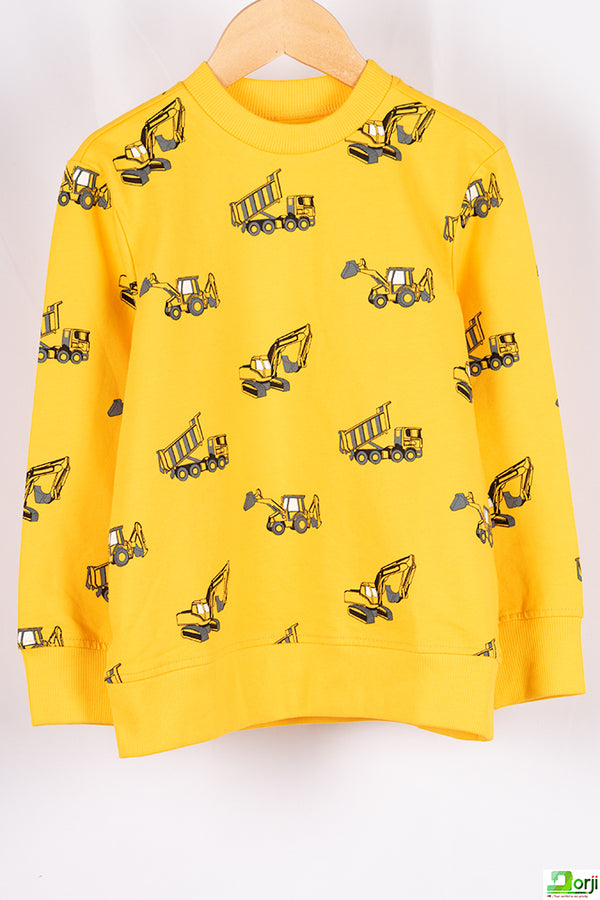 Boy's Crew neck casual fit full sleeve excavator jumper in yellow. 