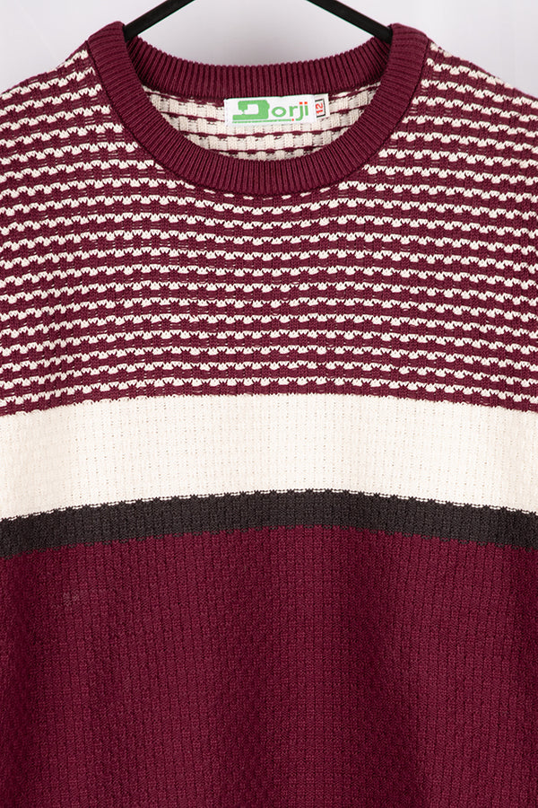 Boy's Crew neck casual fit full sleeve basket knitted jumper in Burgundy with B&W colour. 