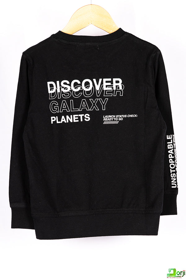 Boy's Crew neck casual fit full sleeve space mission jumper in Black.