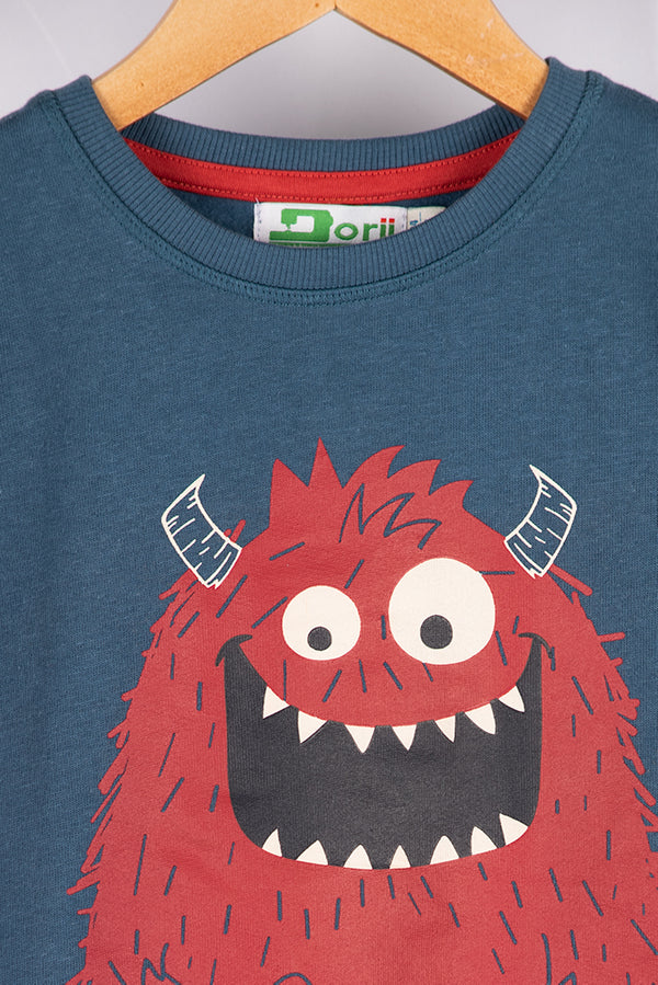 Boy's Crew neck casual fit full sleeve Red Monster jumper in Blue.