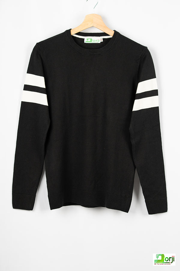 Description Boys full sleeve round neck knit sweater in Black with white strips in hand .