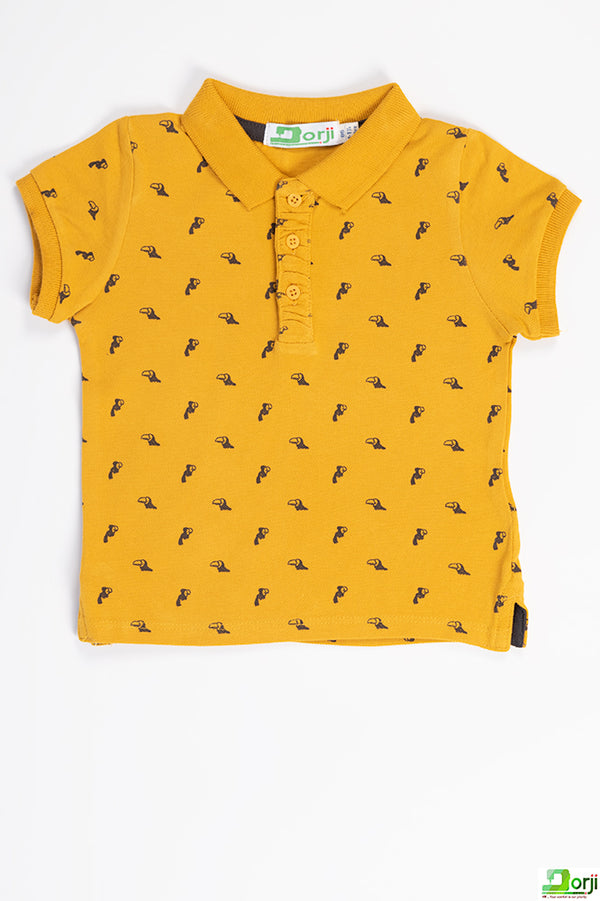 Boy's short sleeve slim fit polo with bird beak design in mustard yellow.