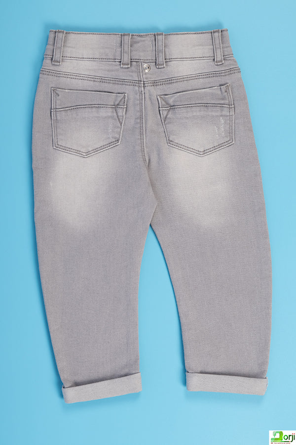 Little Boys stylish ripped folded casual fit pants in Ash.
