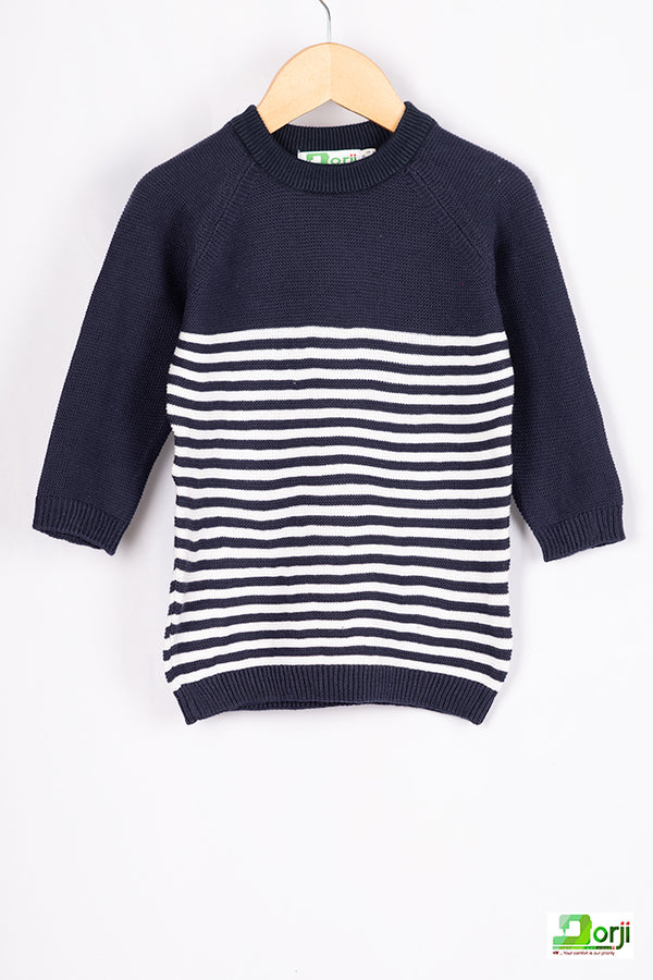 Boy's full sleeve regular fit Stripe Sweater in Navy Blue & white. 