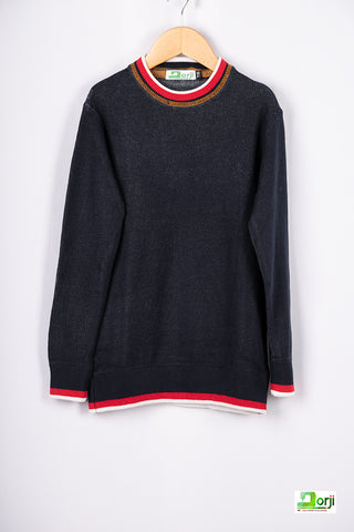 Boys full sleeve Navy blue sweater with red & white round neck.