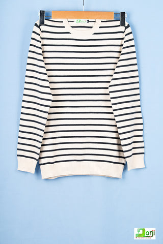 Boys full sleeve round neck Black and White stripes 100% cotton light knit sweater. 