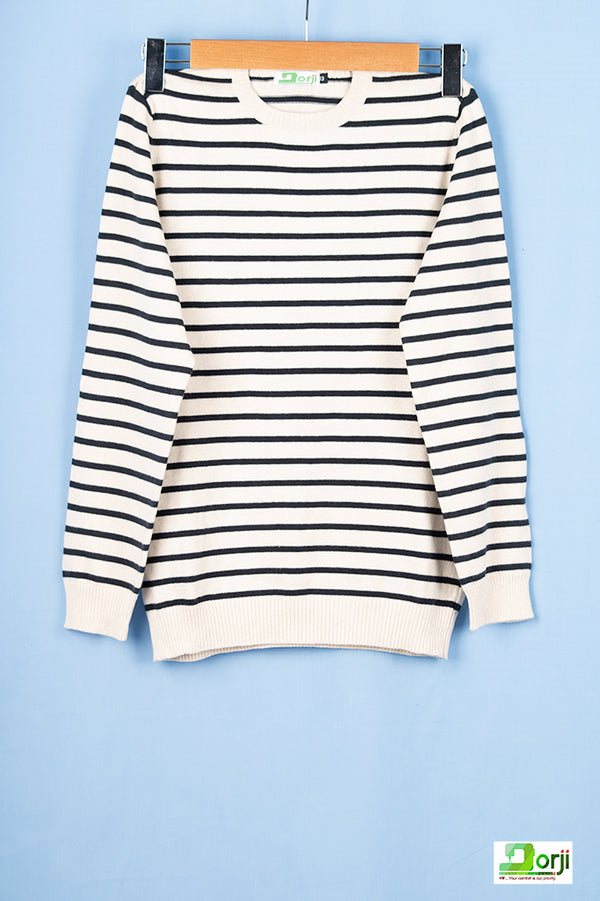 Boys full sleeve round neck Black and White stripes 100% cotton light knit sweater. 