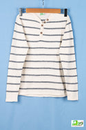 Boys full sleeve V neck T-shirt with buttons in blue and white stripes. 