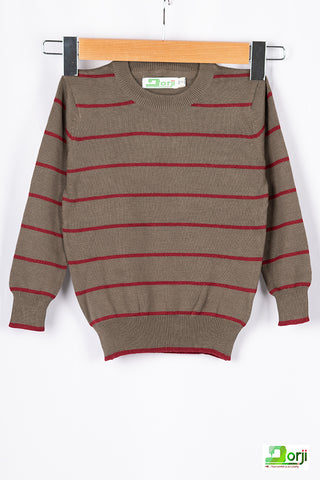 Boys full sleeve round neck in Clay Red stripes 100% cotton light knit sweater.