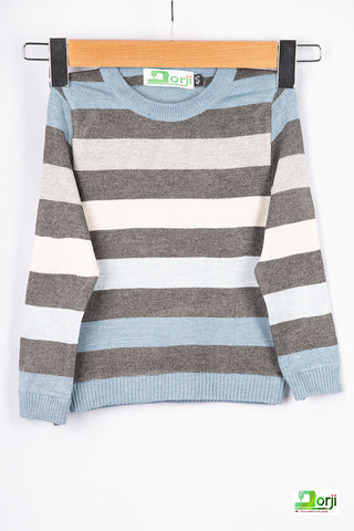Boys full sleeve round neck in Grey White Blue stripes 100% cotton light knit sweater.