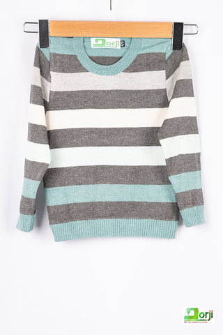 Boys full sleeve round neck in Grey White  Pastel stripes 100% cotton light knit sweater.