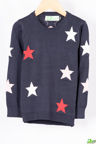 Boy's crew neck slim fit full sleeve sweater with various colours stars in Navy Blue.