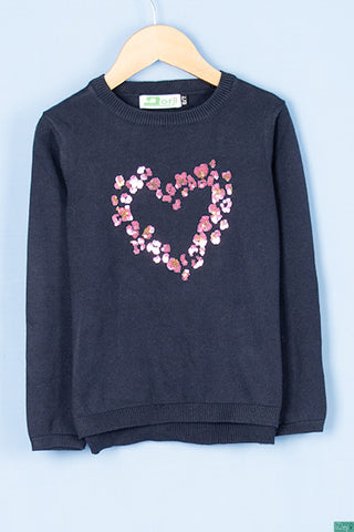 Girl's full sleeve crew neck design slim fit sweater in Navy with pink sequences heart.