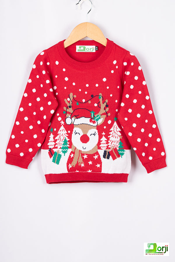 Unisex full sleeve round neck regular fit Christmas reindeer knit sweater.